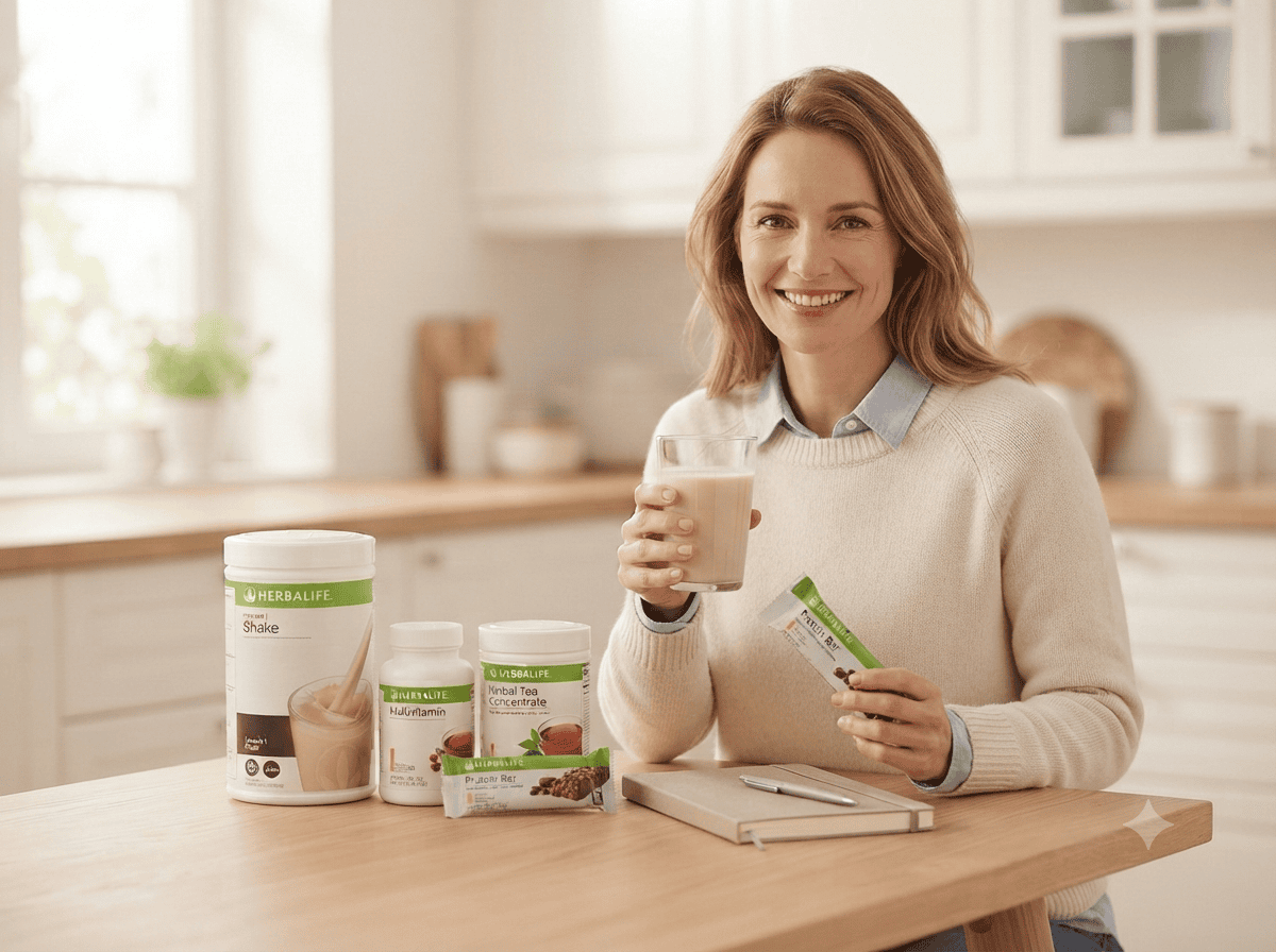 Frau hält einen Herbalife Formula 1 Shake in der Hand, daneben Multivitamin, Kräutertee-Konzentrat und Protein Bar auf einem Küchentisch